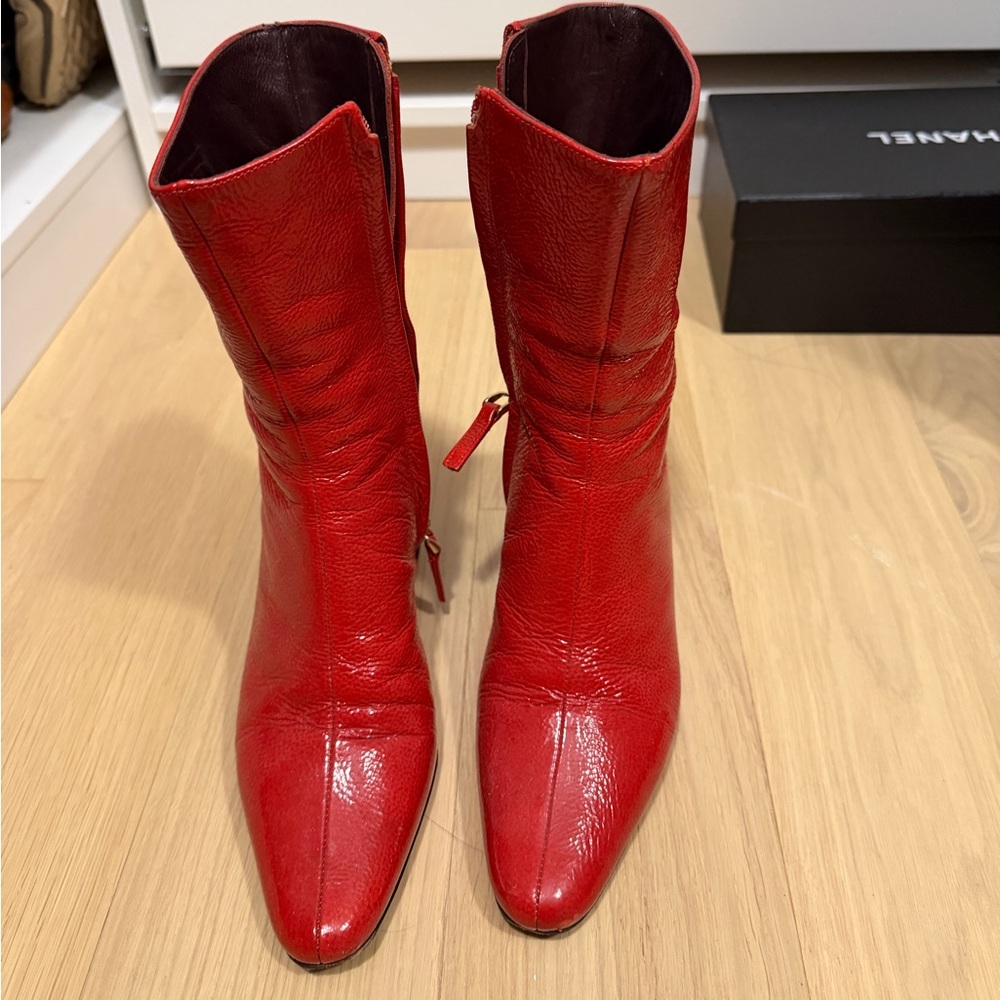 Red Leather Women's Mid-Calf Pointed Toe Boots